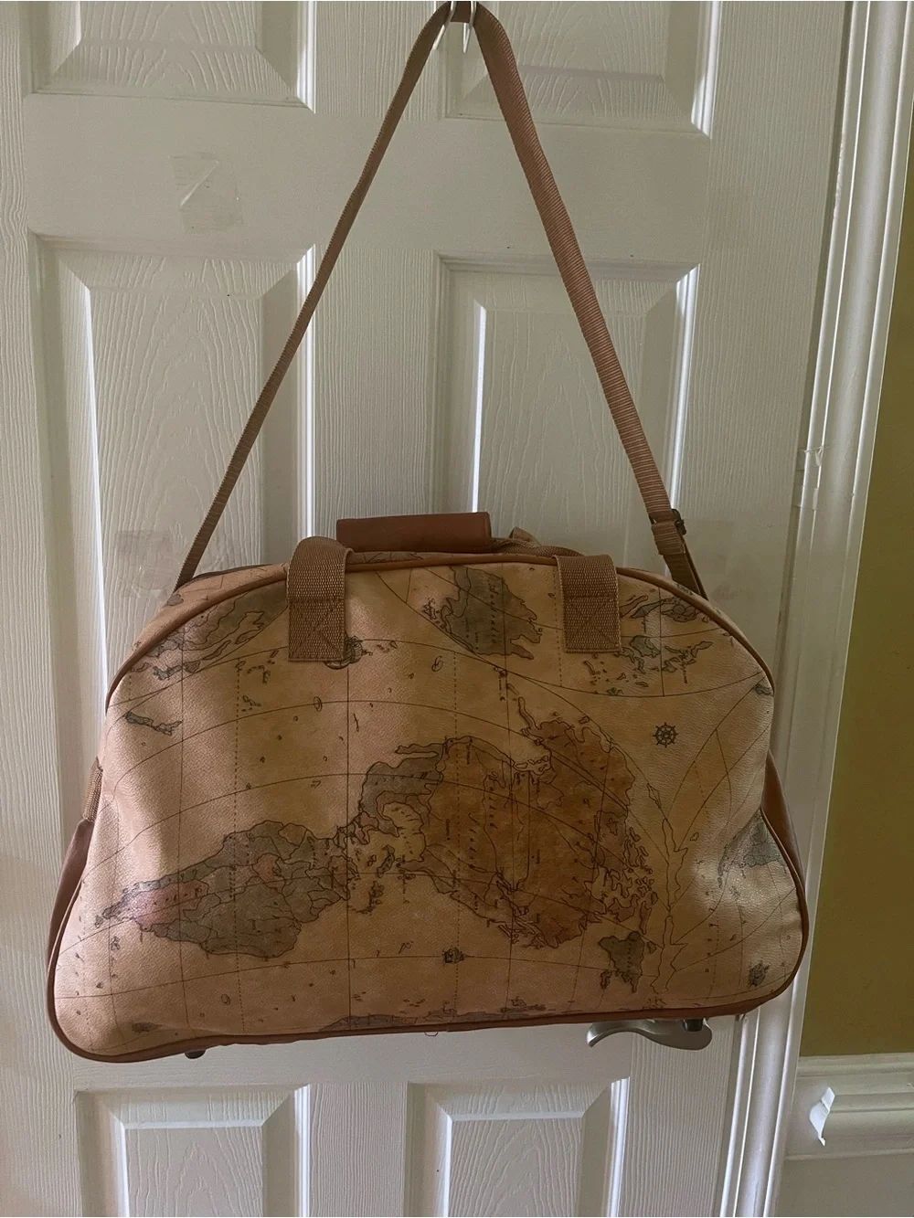 Vintage Europac world Map Travel Duffel Bag synthetic leather tan , brown trim.